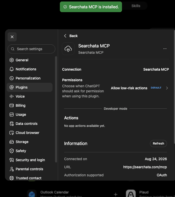 ChatGPT showing the installed Searchata connector