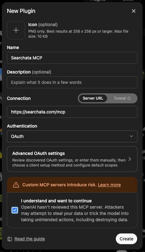 ChatGPT Searchata MCP plugin form with the server URL and OAuth authentication