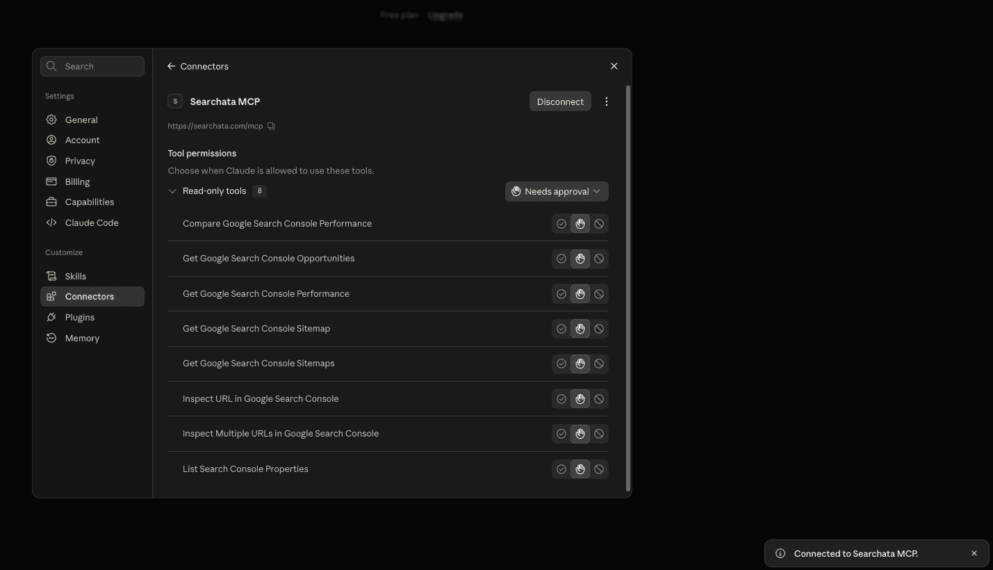 Claude connector settings showing Searchata connected with its available tools