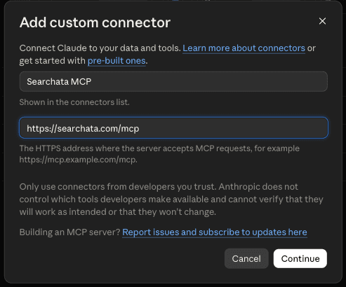 Claude custom connector form with the Searchata MCP name and server URL
